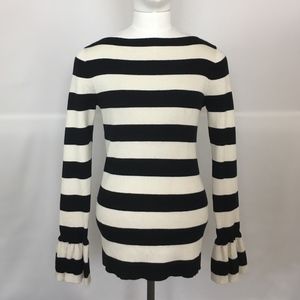 Black White Striped Sweater Ruffle Cuffs Stretch M